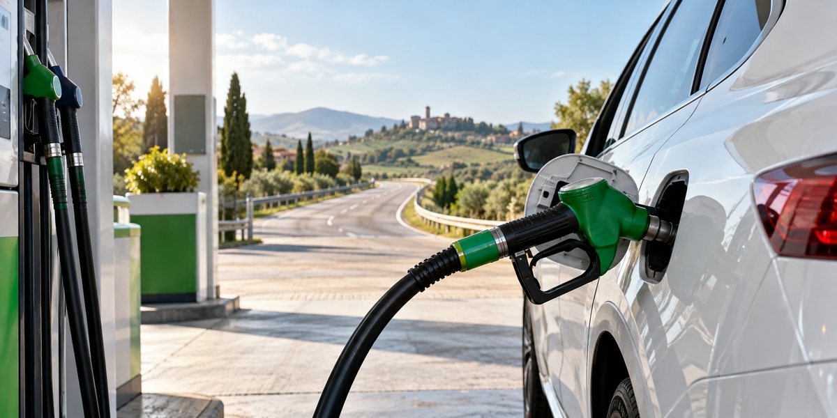 Auto al distributore con strada sullo sfondo